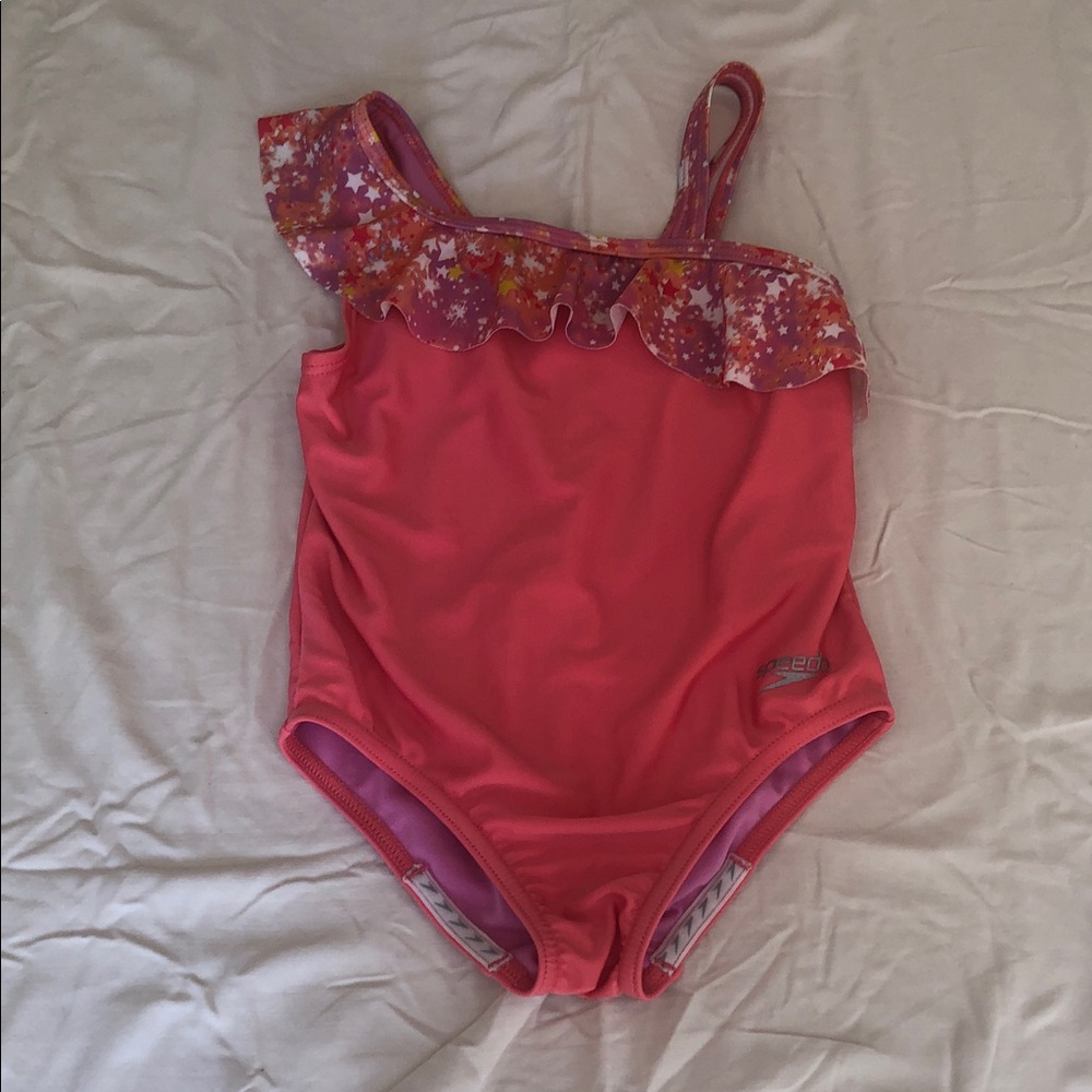 Speedo Girls Pink One-Shoulder Ruffle Star Swim Suit
